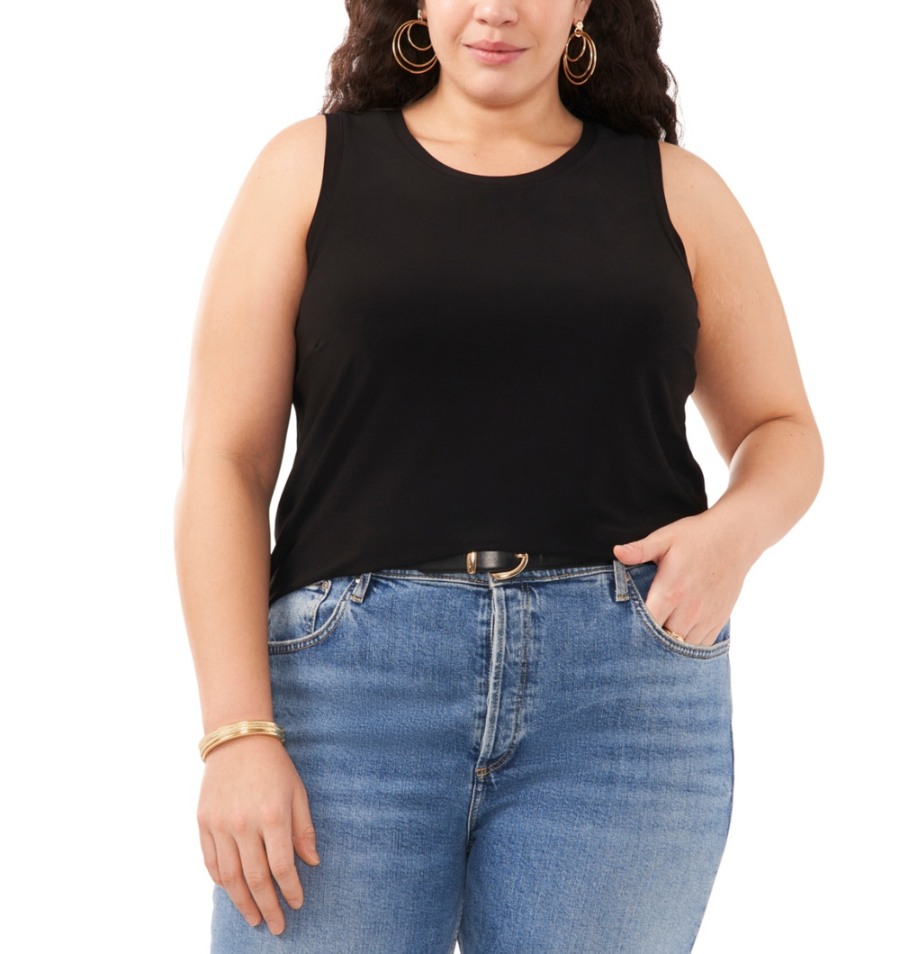 Vince Camuto Women Crewneck Split Back Keyhole Tank Top Black Plus Size 1X